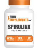 BulkSupplements frasco frontal de spirulina 180 cápsulas mostrando presentación clara