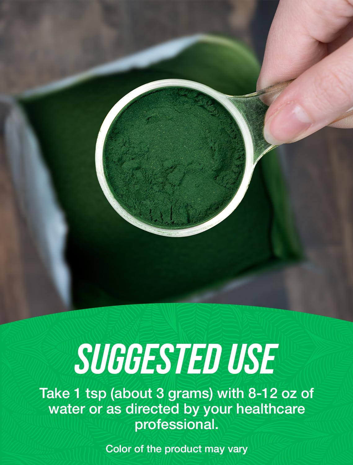 BulkSupplements cucharada medida con 3 g de spirulina para porción práctica
