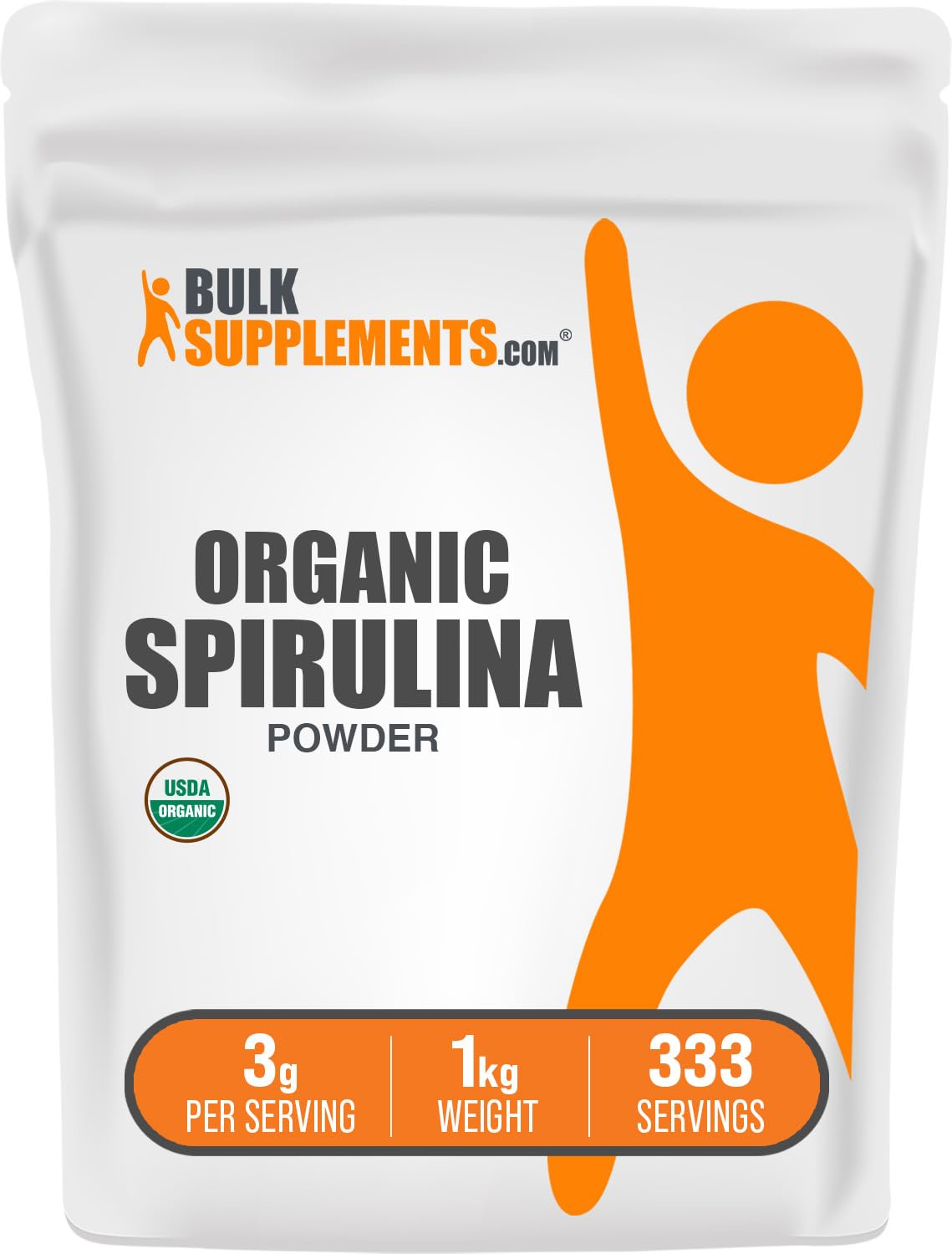 BulkSupplements envase frontal de spirulina orgánica mostrando tamaño y etiqueta