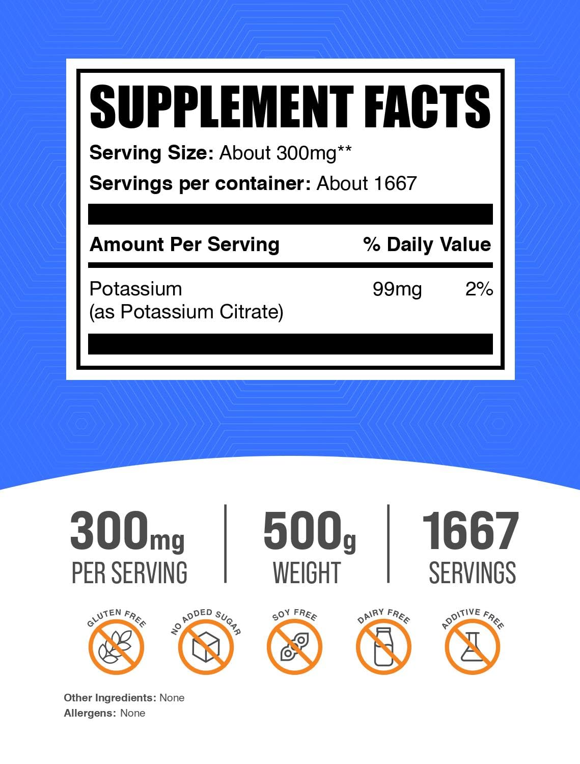 BulkSupplements detalle del polvo fino de citrato de potasio, disolución fácil en líquidos