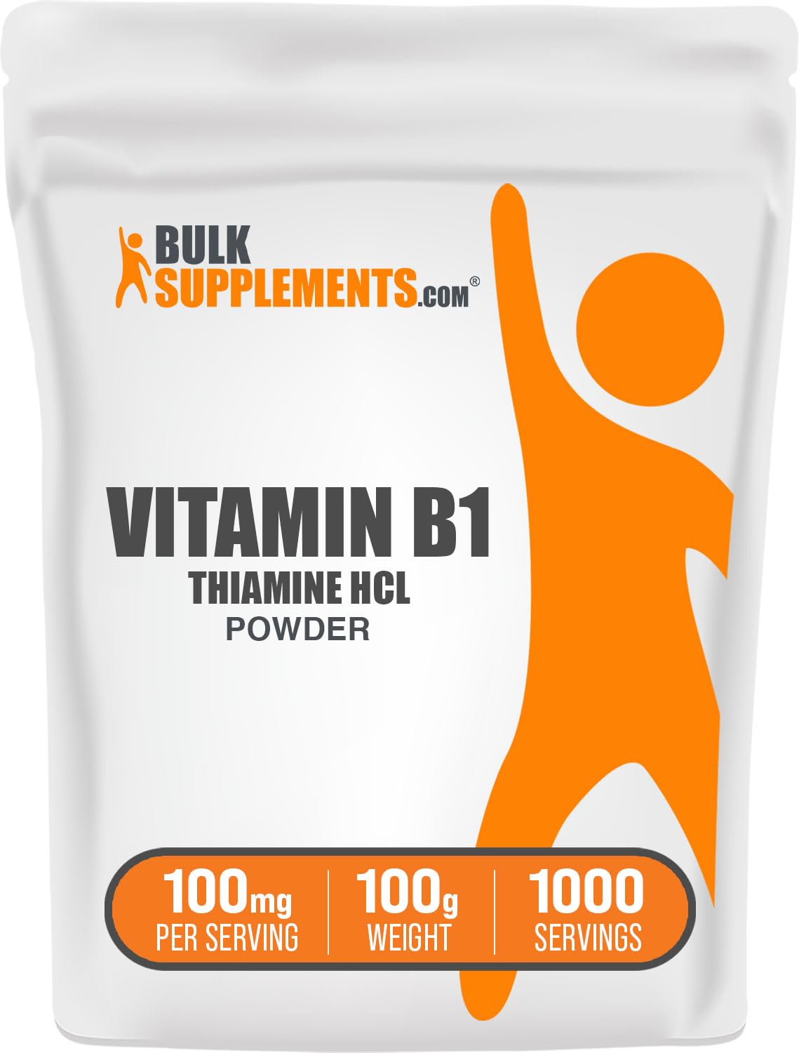 BulkSupplements envase frontal de Thiamine HCl en polvo, presentación clara y pura
