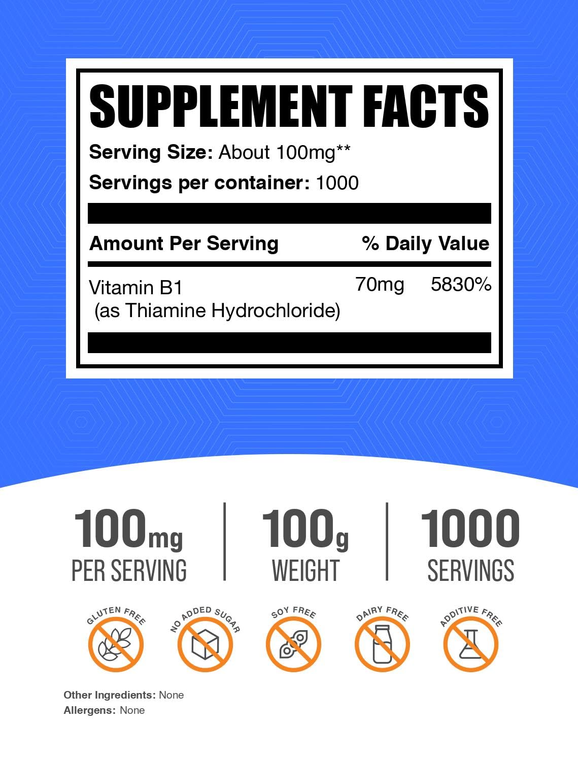 BulkSupplements primer plano del polvo de Thiamine HCl mostrando textura fina y mezcla fácil