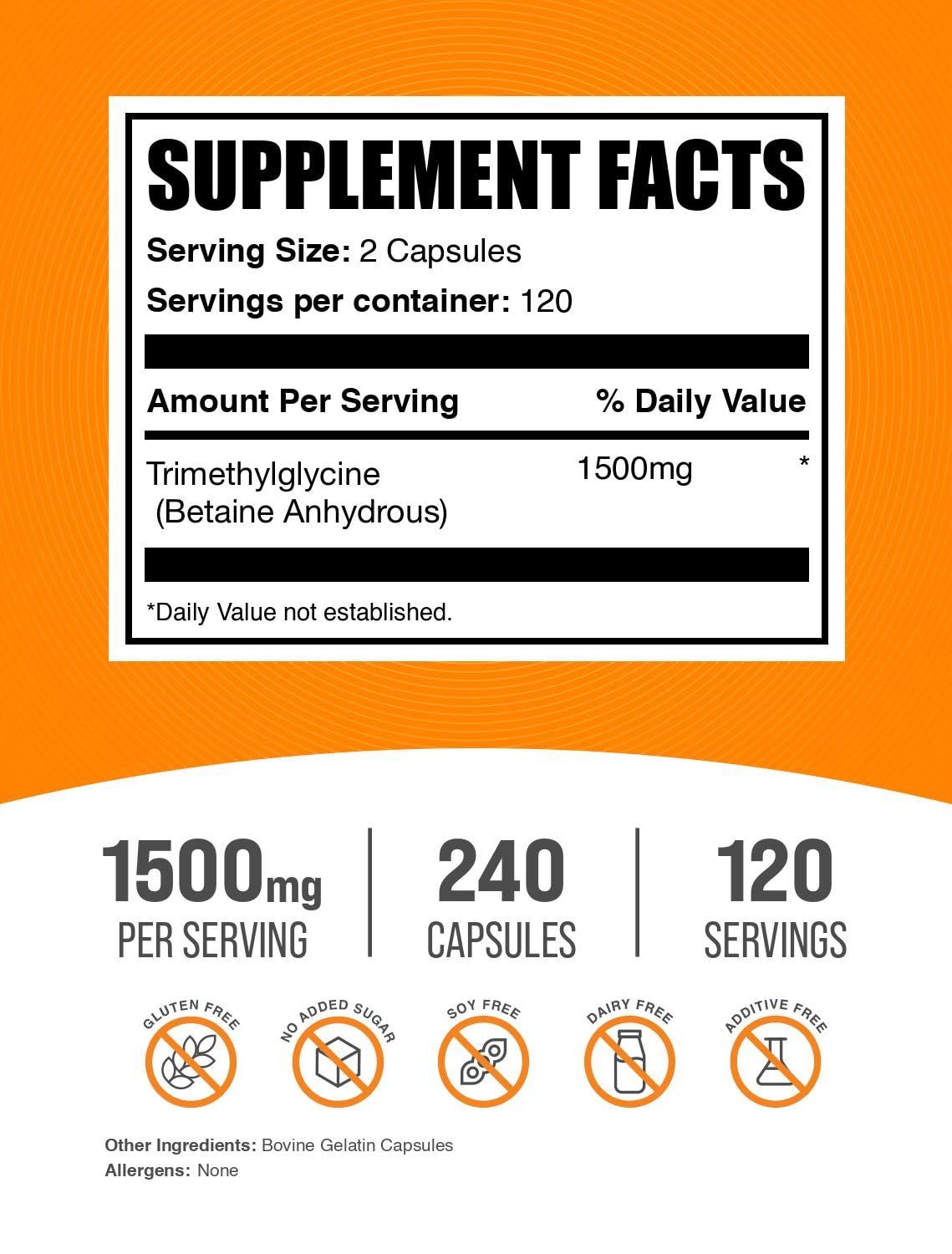 BulkSupplements detalle de cápsula de TMG resaltando formato sin sabores añadidos