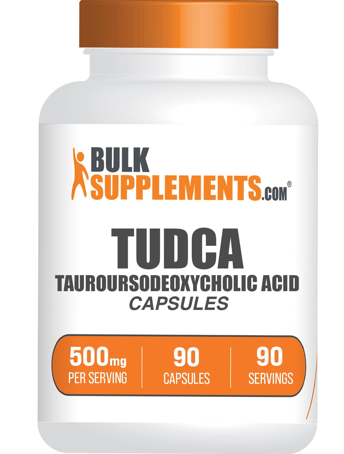 BulkSupplements frasco frontal de TUDCA 500 mg mostrando envase y ventaja de dosificación
