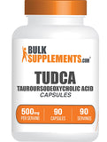 BulkSupplements frasco frontal de TUDCA 500 mg mostrando envase y ventaja de dosificación