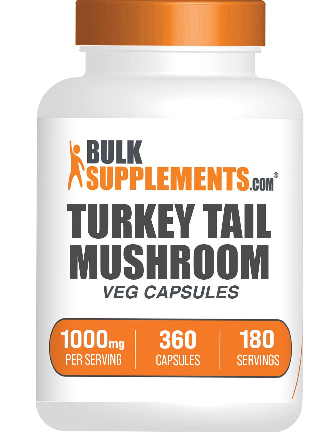 BulkSupplements frasco delantero de Turkey Tail, presentación clara y cantidad