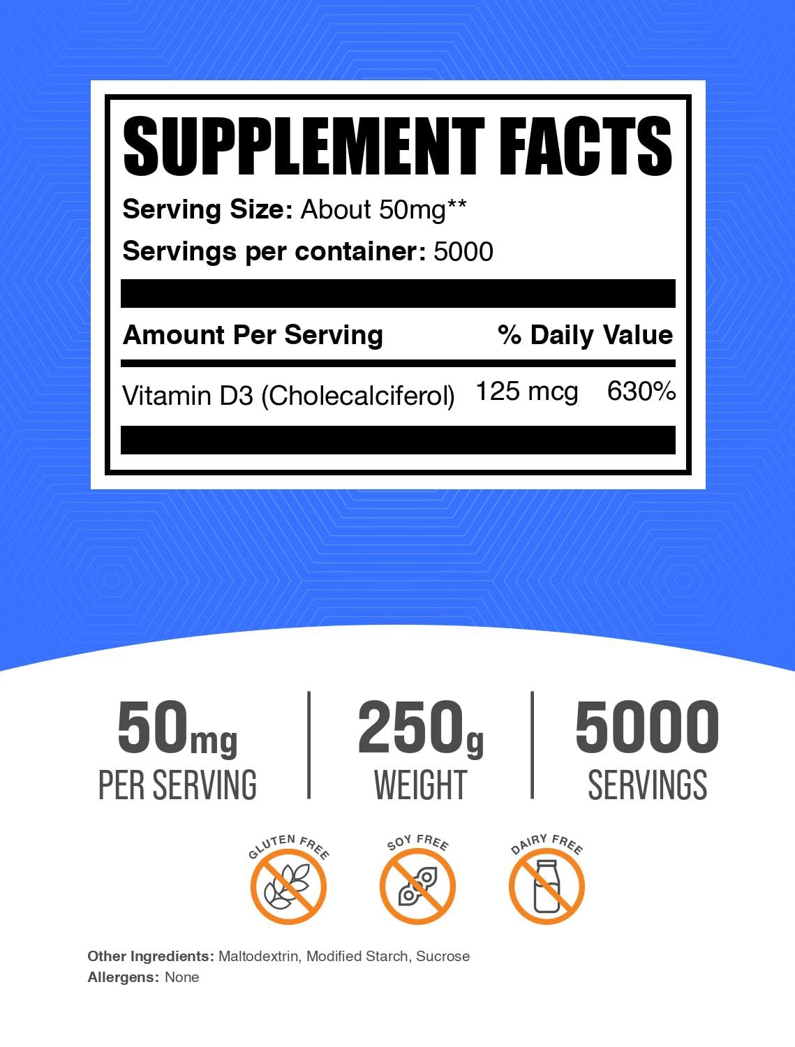 BulkSupplements primer plano del polvo de Vitamin D3 resaltando pureza y textura