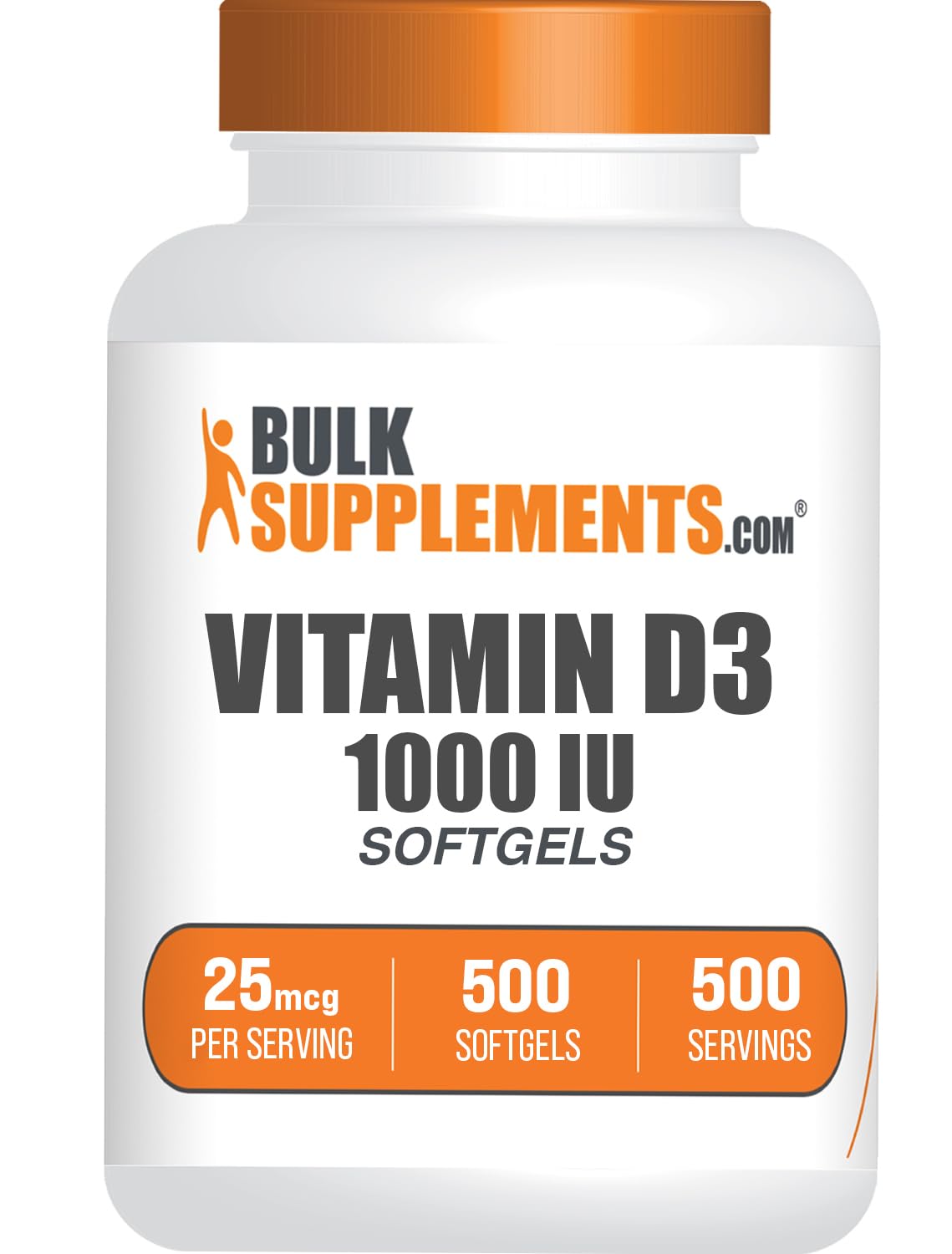 BulkSupplements envase frontal de Vitamin D3 1000 IU que facilita almacenamiento prolongado
