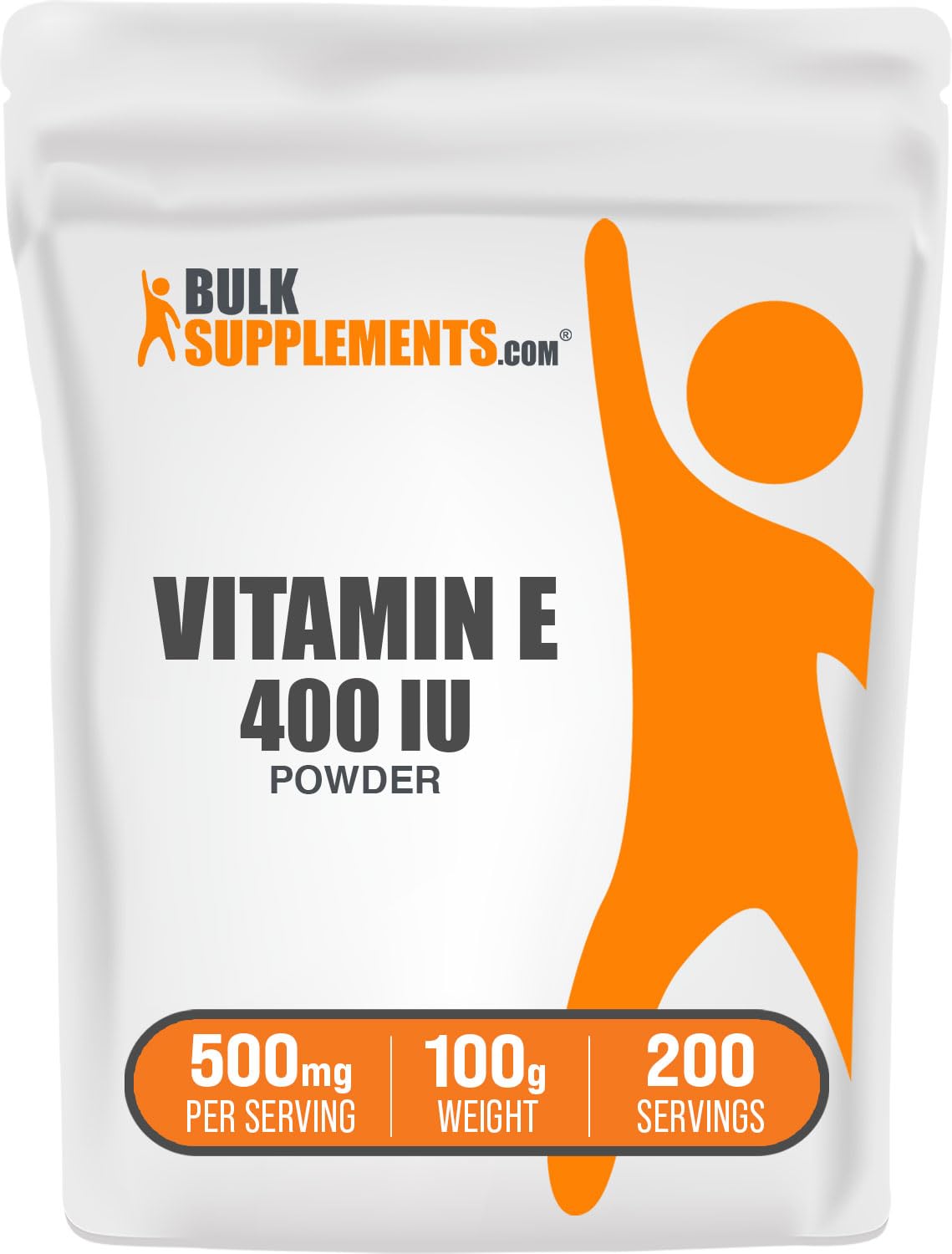 BulkSupplements envase frontal de vitamina E mostrando etiqueta y tamaño