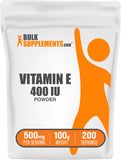 BulkSupplements envase frontal de vitamina E mostrando etiqueta y tamaño