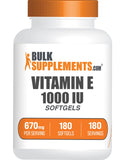 BulkSupplements frasco frontal de vitamina E 1000 IU, envase confiable y claro