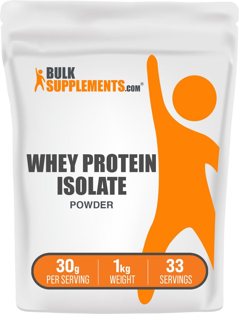 BulkSupplements envase frontal de Whey Protein Isolate mostrando marca y tamaño