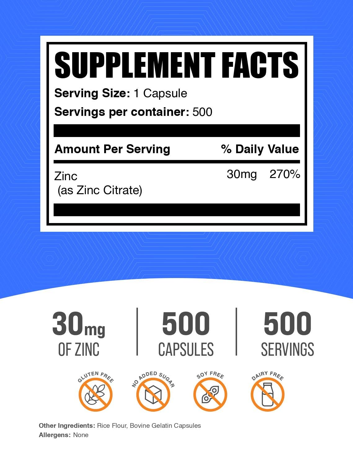 BulkSupplements close-up de cápsulas de Zinc Citrate mostrando textura y tamaño