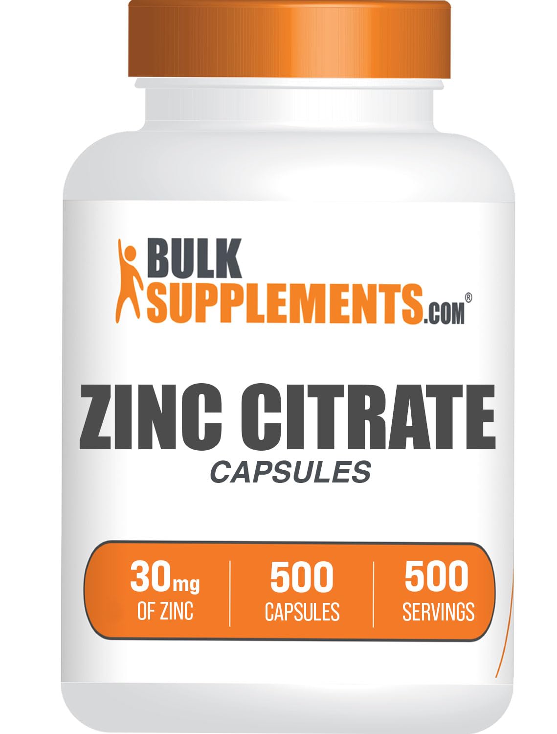 BulkSupplements frasco delantero de Zinc Citrate, envase claro y dosis visible