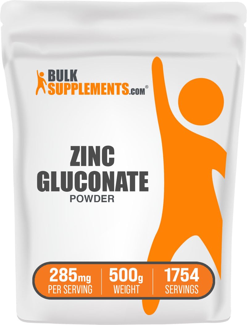 BulkSupplements envase frontal de Zinc Gluconate 500 g beneficiando dosificación flexible