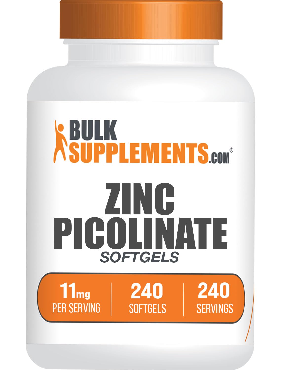 BulkSupplements envase frontal de Zinc Picolinato 240 softgels, presentación clara