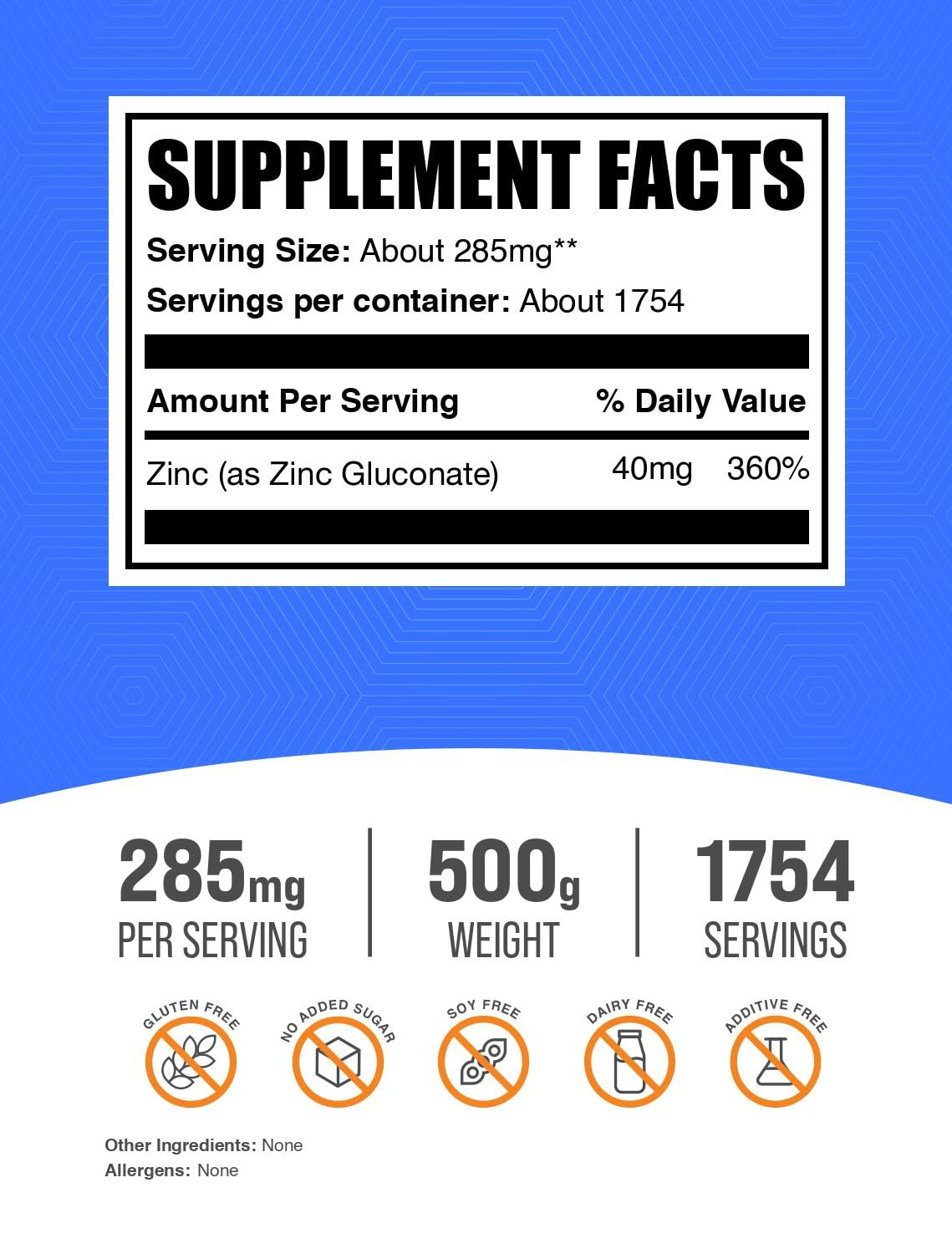 Close-up del polvo de BulkSupplements Zinc Gluconate mostrando textura fina y mezcla fácil