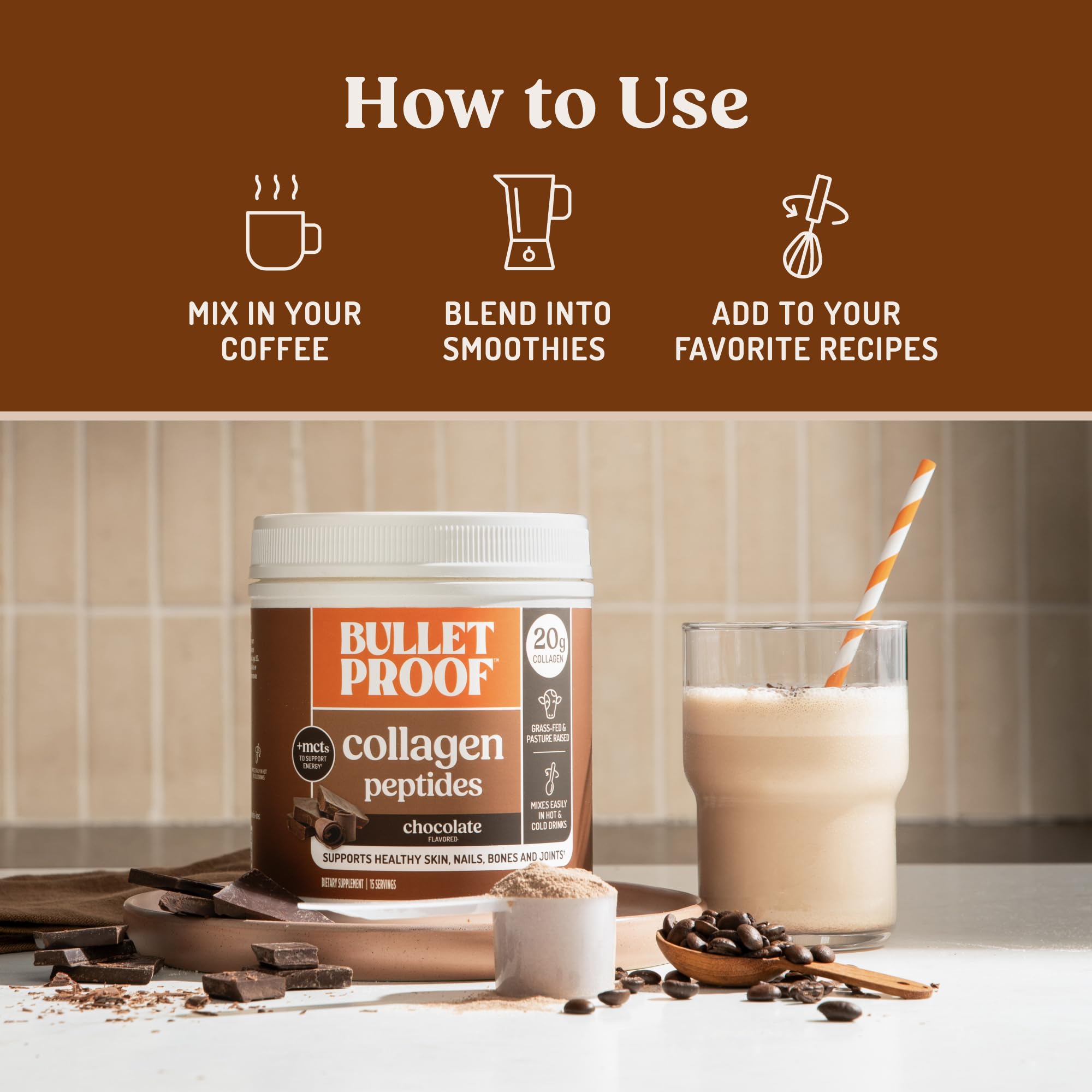 Bulletproof batido de desayuno con polvo de colágeno para proteína conveniente