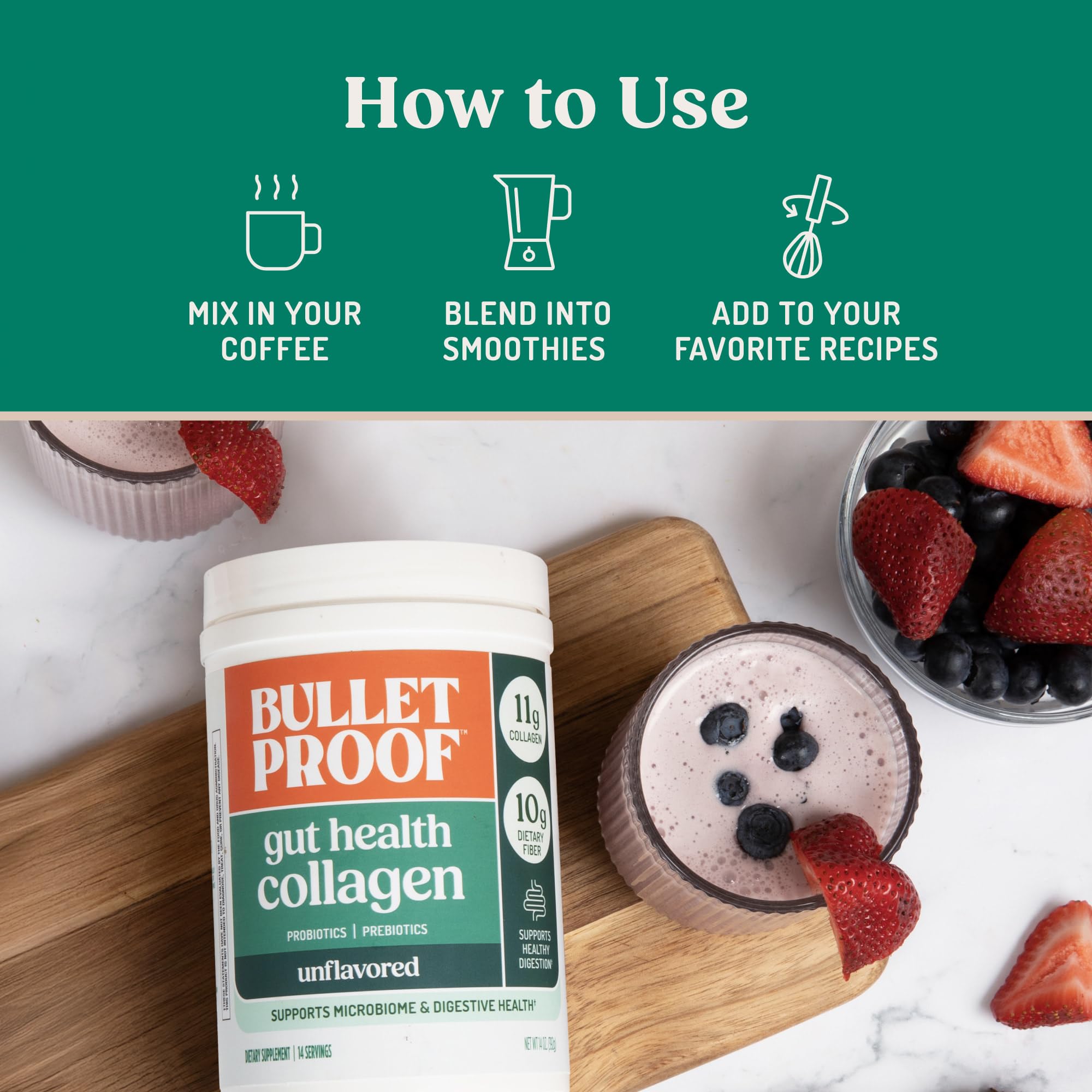 bulletproof colágeno sin sabor añadido a un batido verde para nutrición post-entrenamiento