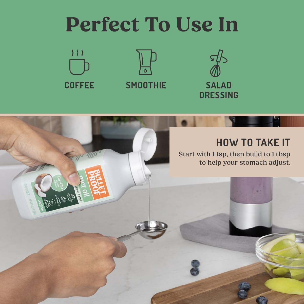 Bulletproof botella en encimera de cocina, uso diario práctico y versátil