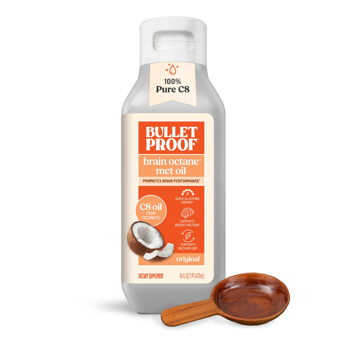 Bulletproof Brain Octane C8 vista frontal mostrando etiqueta clara y beneficio de pureza
