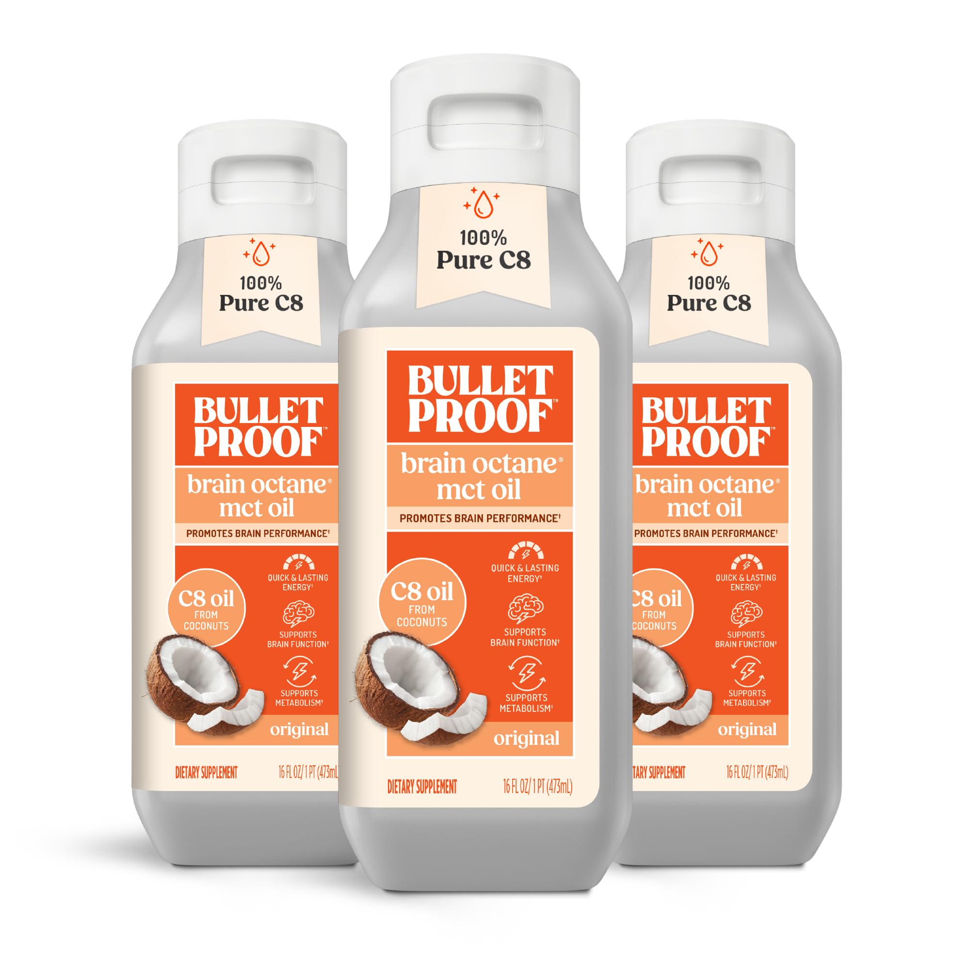 Bulletproof botella frontal mostrando diseño y tamaño del pack
