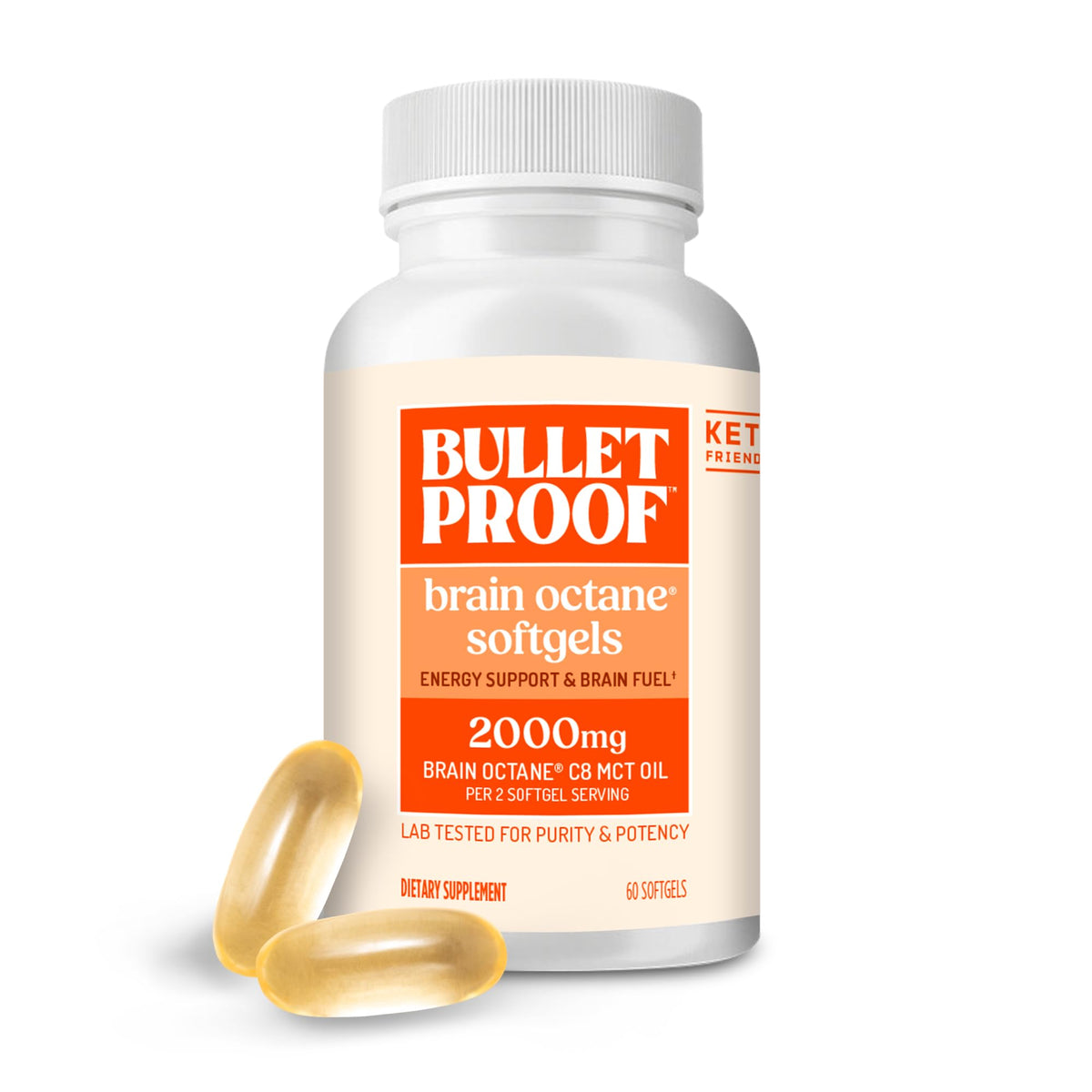 Bulletproof frasco frontal mostrando 60 cápsulas y conveniencia portátil
