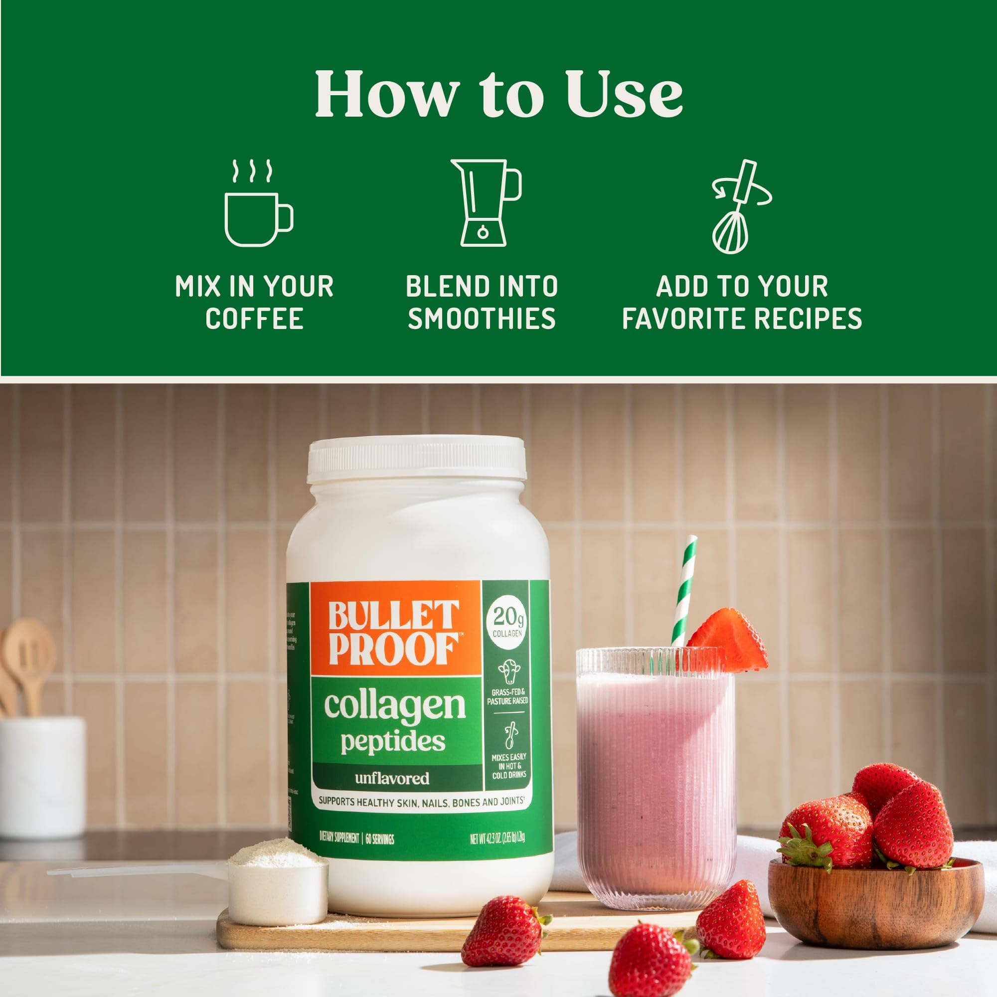 Bulletproof colágeno añadido a batido verde, aporte proteico conveniente