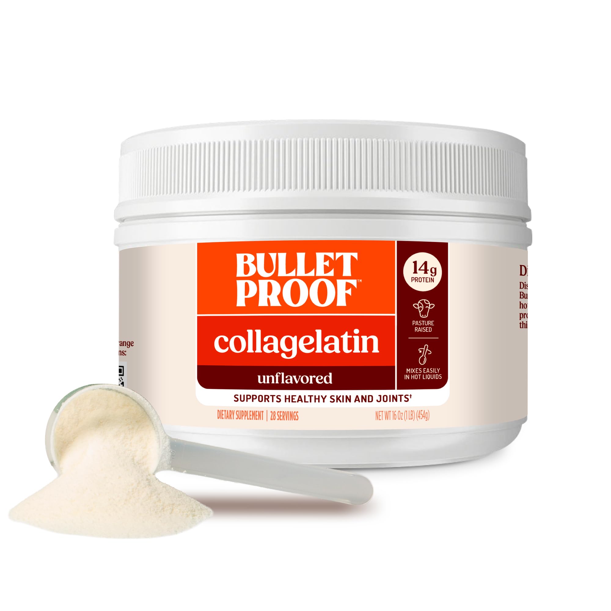 Bulletproof CollaGelatin frasco frontal mostrando etiqueta y tamaño práctico para despensa