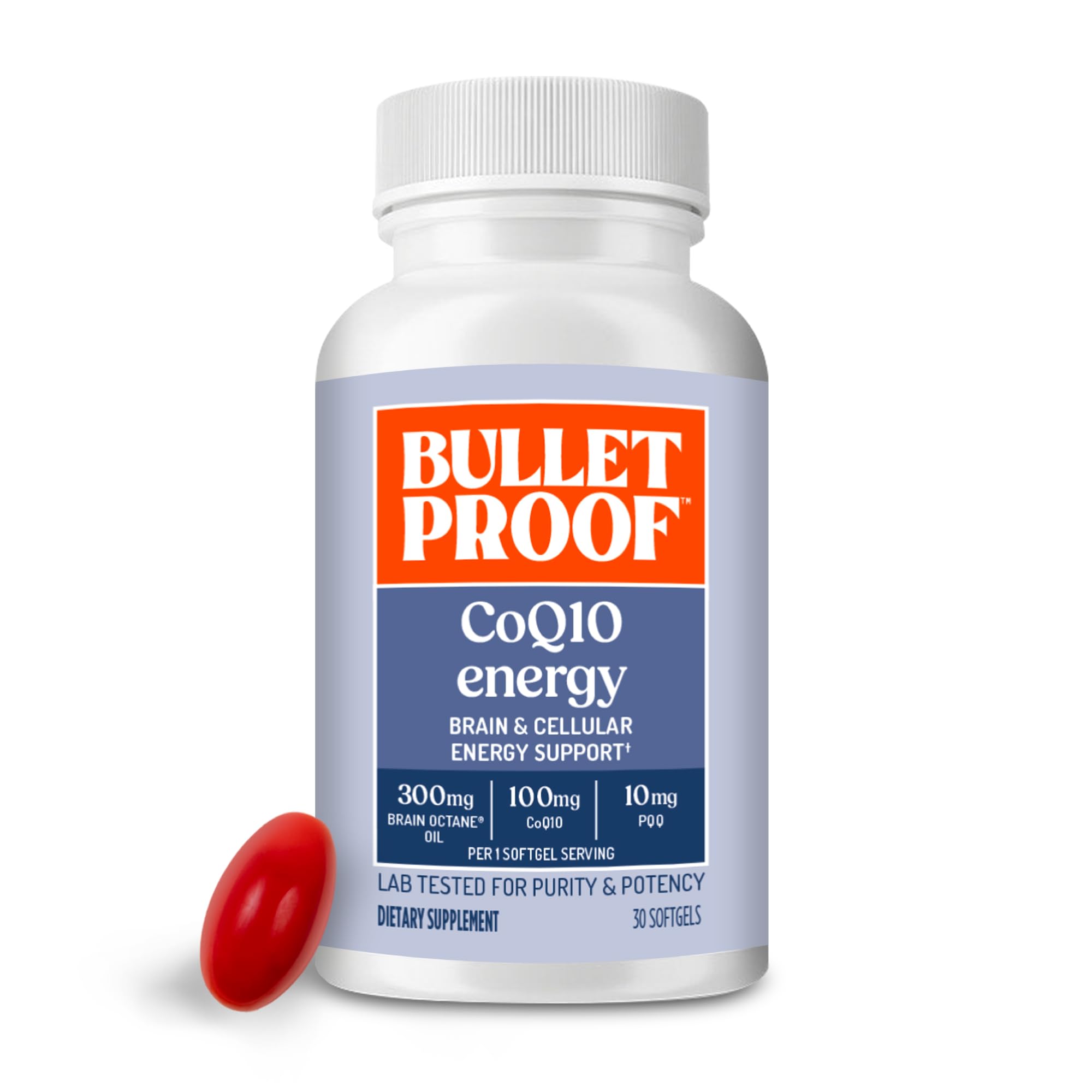 Bulletproof frasco CoQ10 Energy frente mostrando etiqueta y beneficios visibles