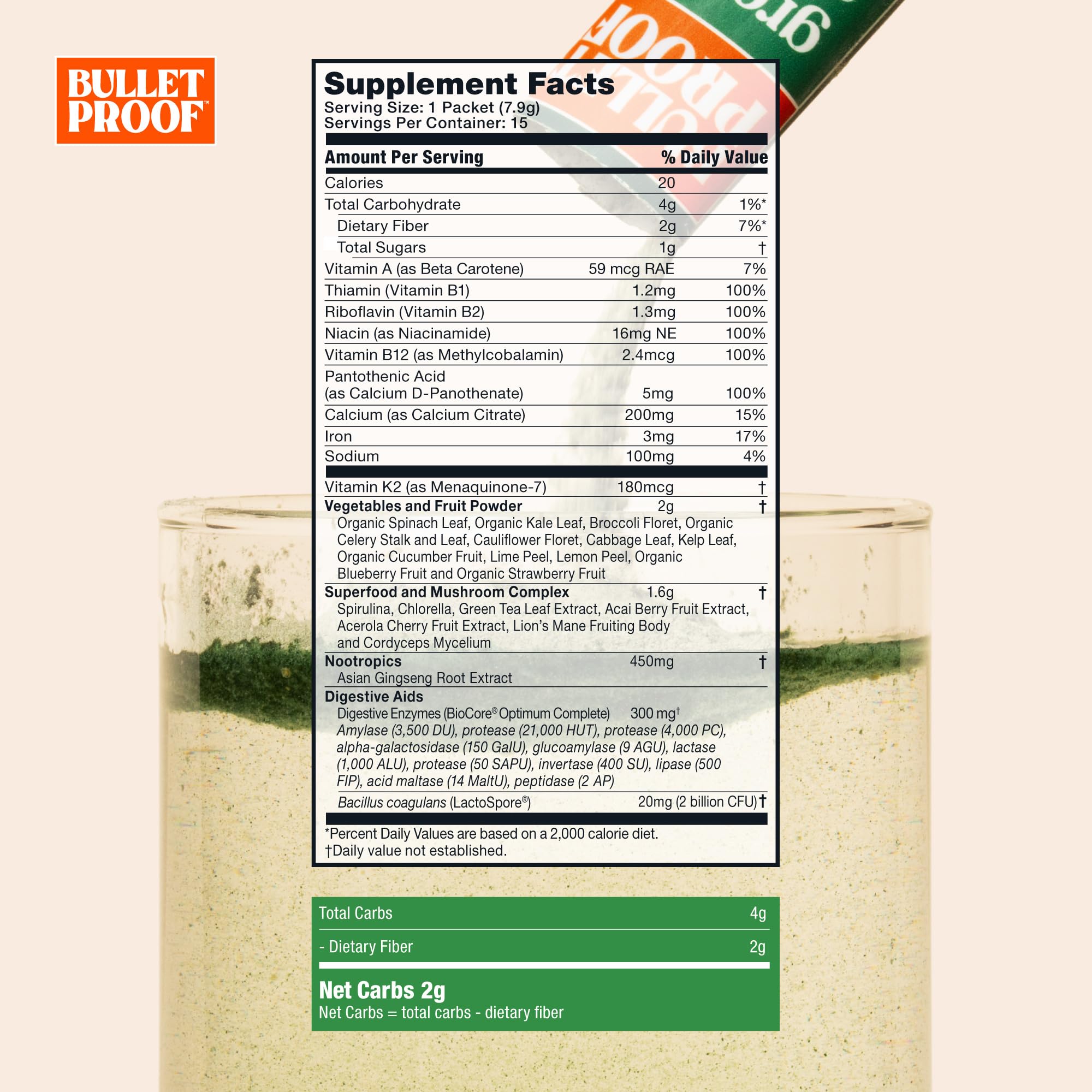 Bulletproof textura del polvo Greens cerca para mostrar finura y mezcla fácil