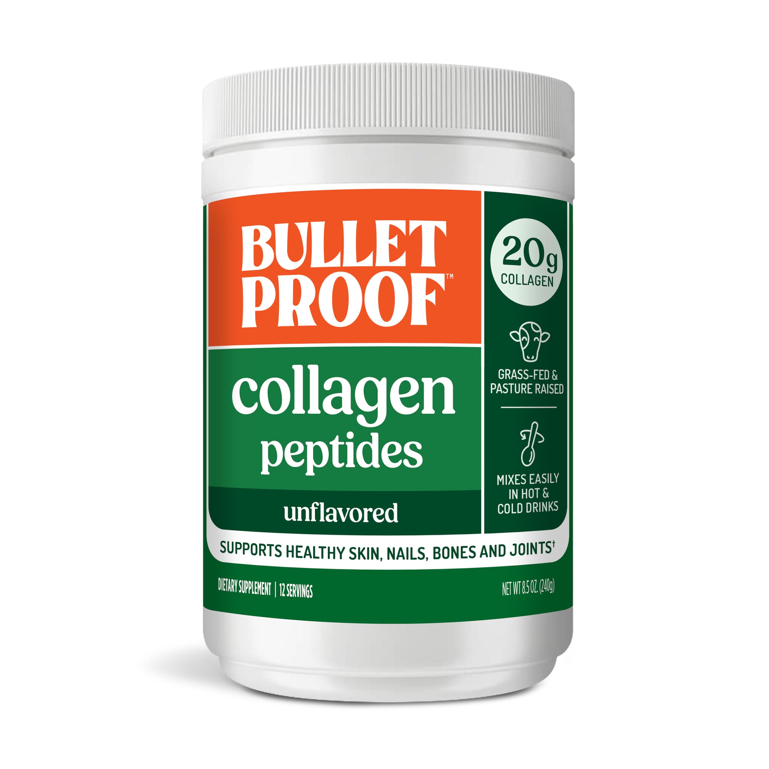 Bulletproof envase frontal de Collagen Peptides mostrando el formato y beneficios