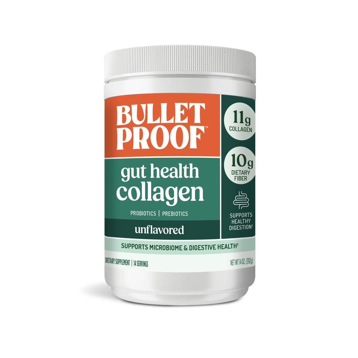 bulletproof envase frontal del Gut Health Collagen mostrando presentación y beneficios