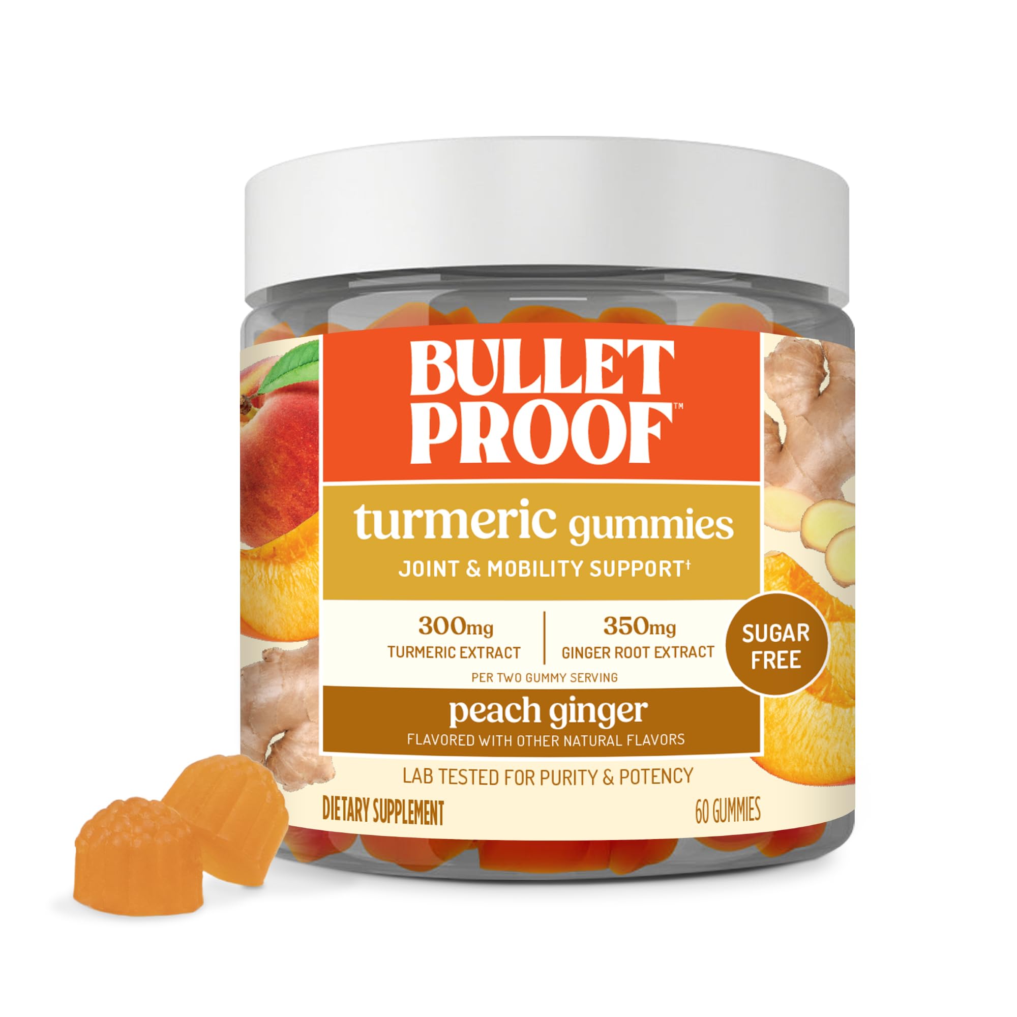 Bulletproof frasco frontal mostrando 60 gomitas, práctico para rutinas diarias
