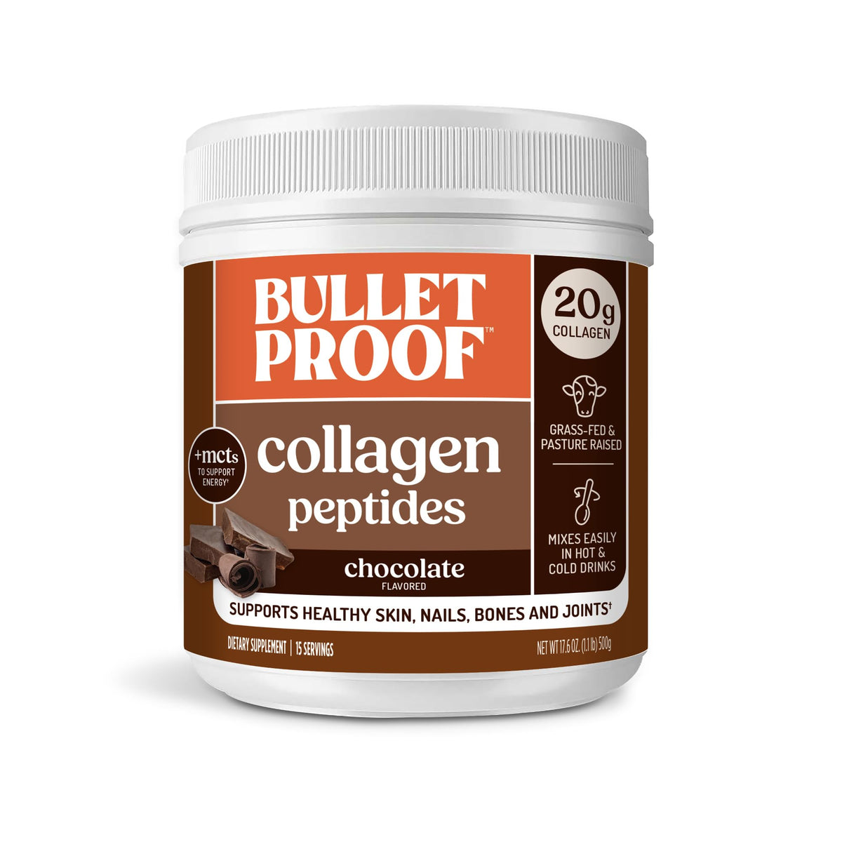 Bulletproof frasco frontal mostrando el polvo de chocolate y beneficios claros