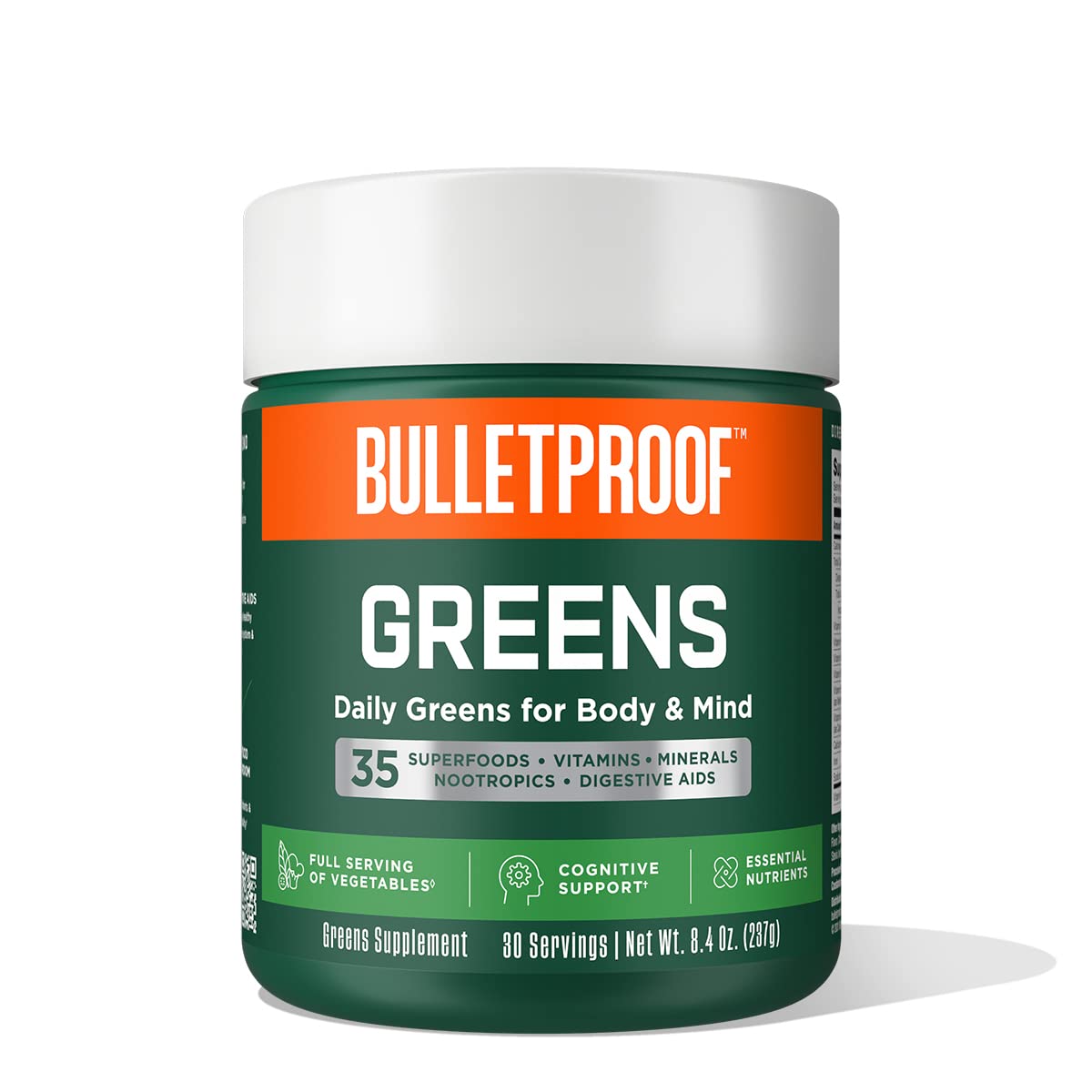 Bulletproof frasco frontal mostrando etiqueta y ventajas para nutrición diaria