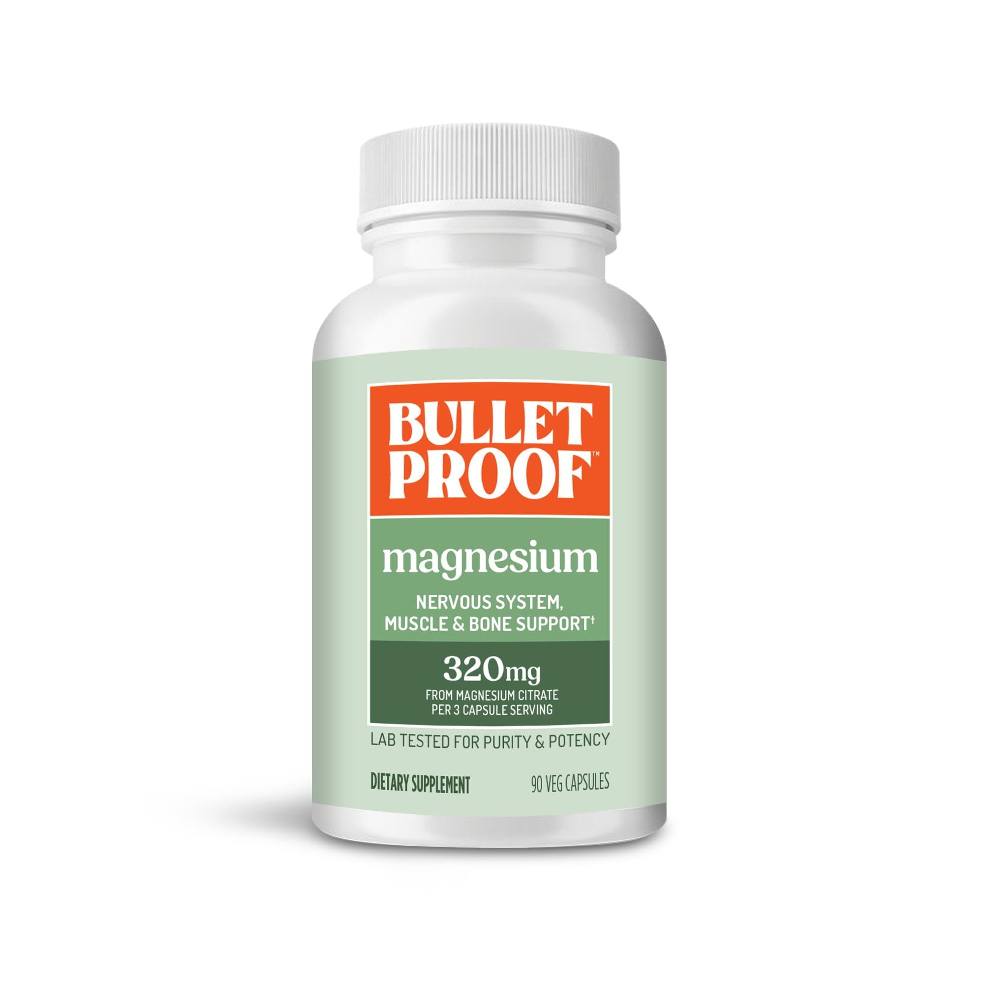 Bulletproof frasco frontal mostrando 90 cápsulas y ventaja de dosis clara
