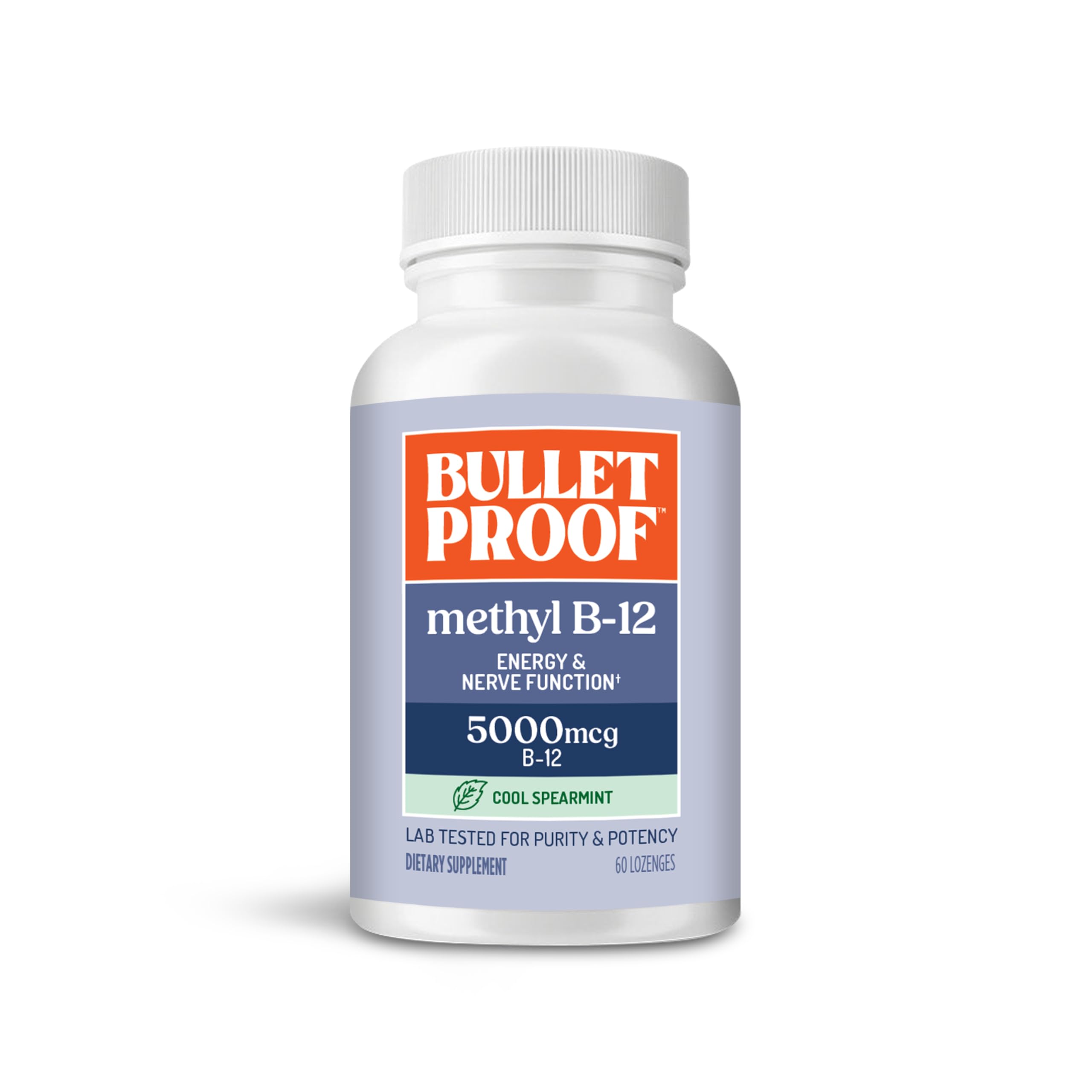 Bulletproof frasco frontal mostrando 60 pastillas y beneficio conveniencia