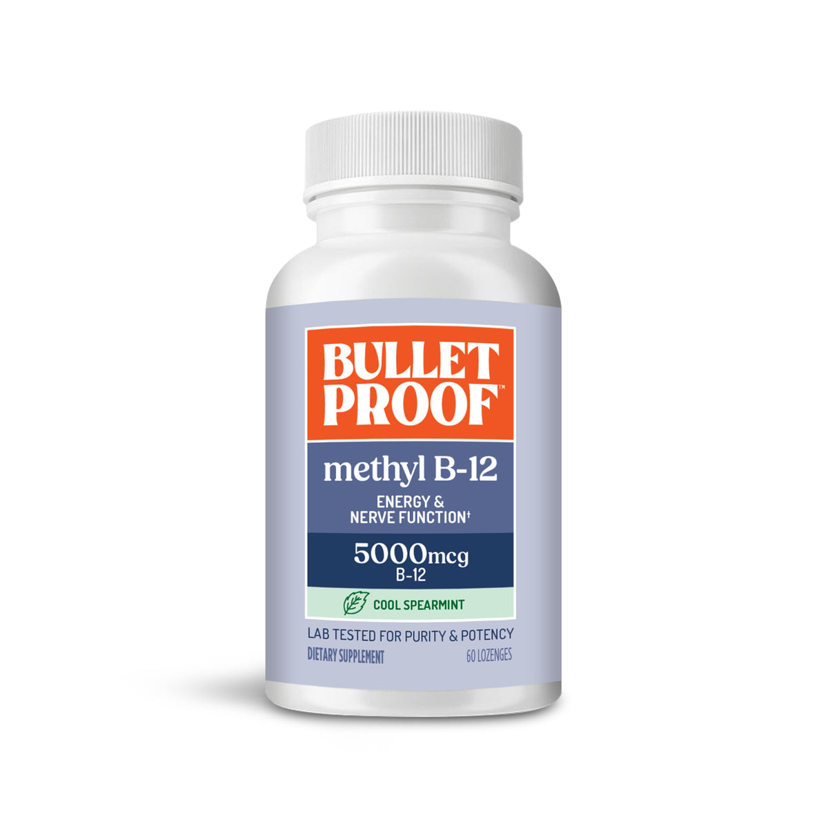 Bulletproof frasco frontal mostrando 60 pastillas y beneficio conveniencia
