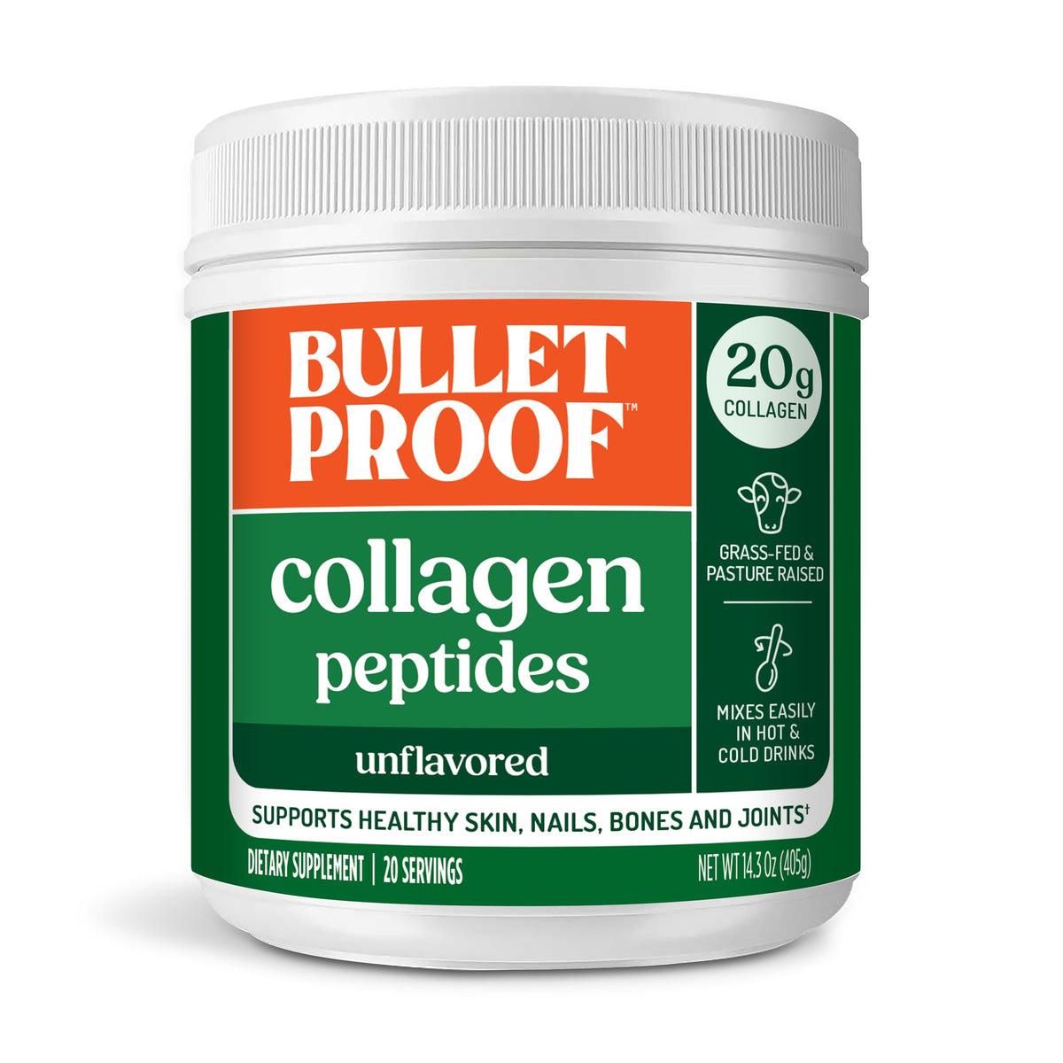 Bulletproof envase frontal mostrando colágeno sin sabor y uso fácil