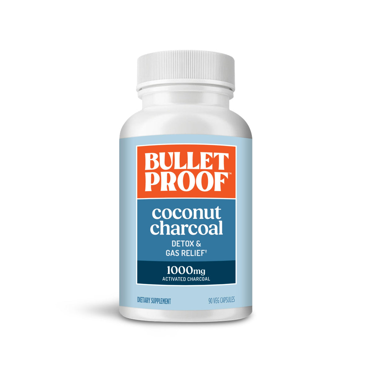 Bulletproof frasco frontal mostrando 90 cápsulas y ventaja de uso portátil