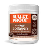 Bulletproof envase frontal de chocolate oscuro mostrando beneficios y tamaño