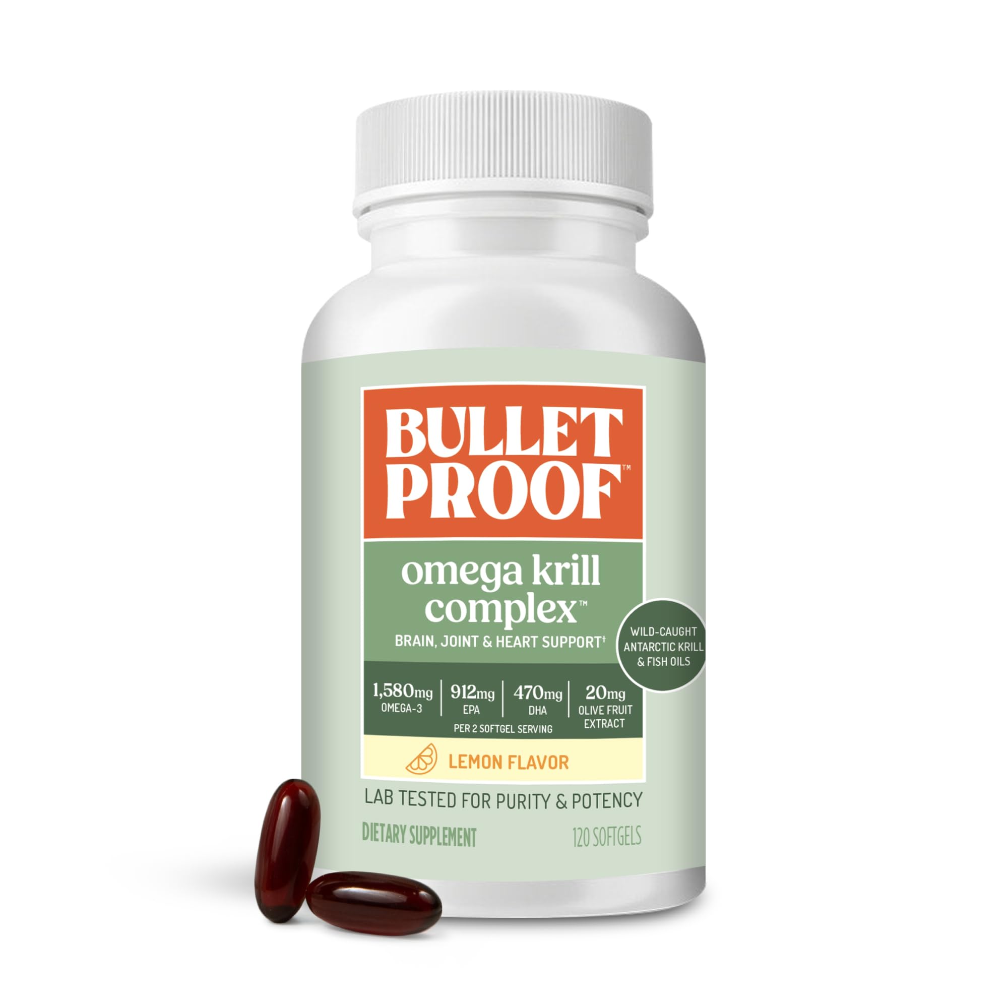 Bulletproof frontal del envase Omega Krill con información y beneficio de pureza