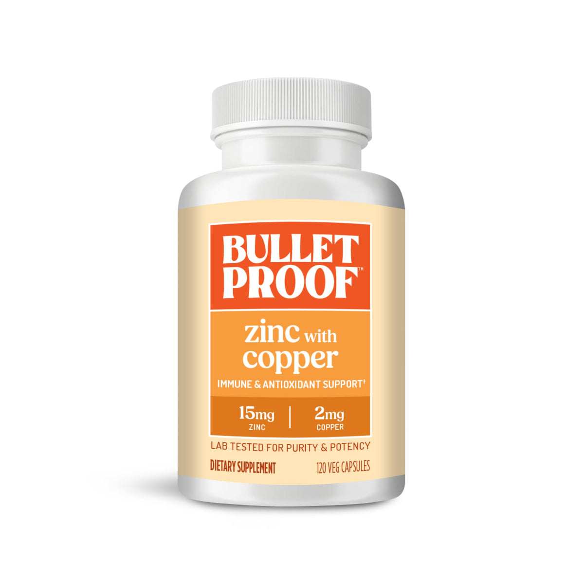 Bulletproof envase frontal de Zinc with Copper mostrando diseño y cantidad