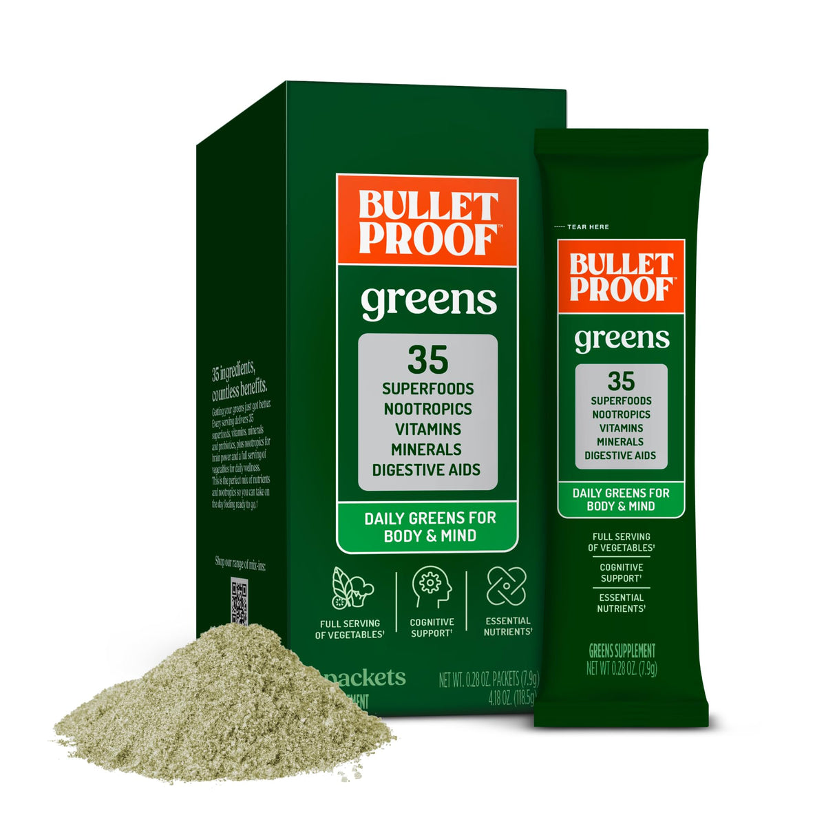 Bulletproof frontal del paquete Greens con diseño y beneficios visibles