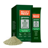 Bulletproof frontal del paquete Greens con diseño y beneficios visibles
