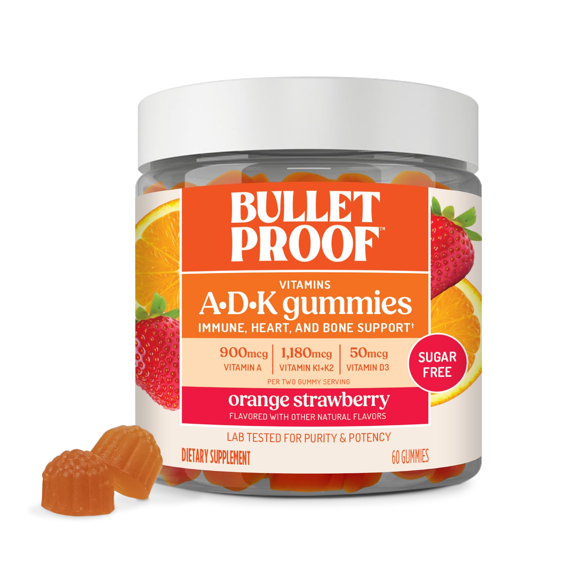 Bulletproof tarro frontal de gominolas A+D+K sin azúcar mostrando etiqueta