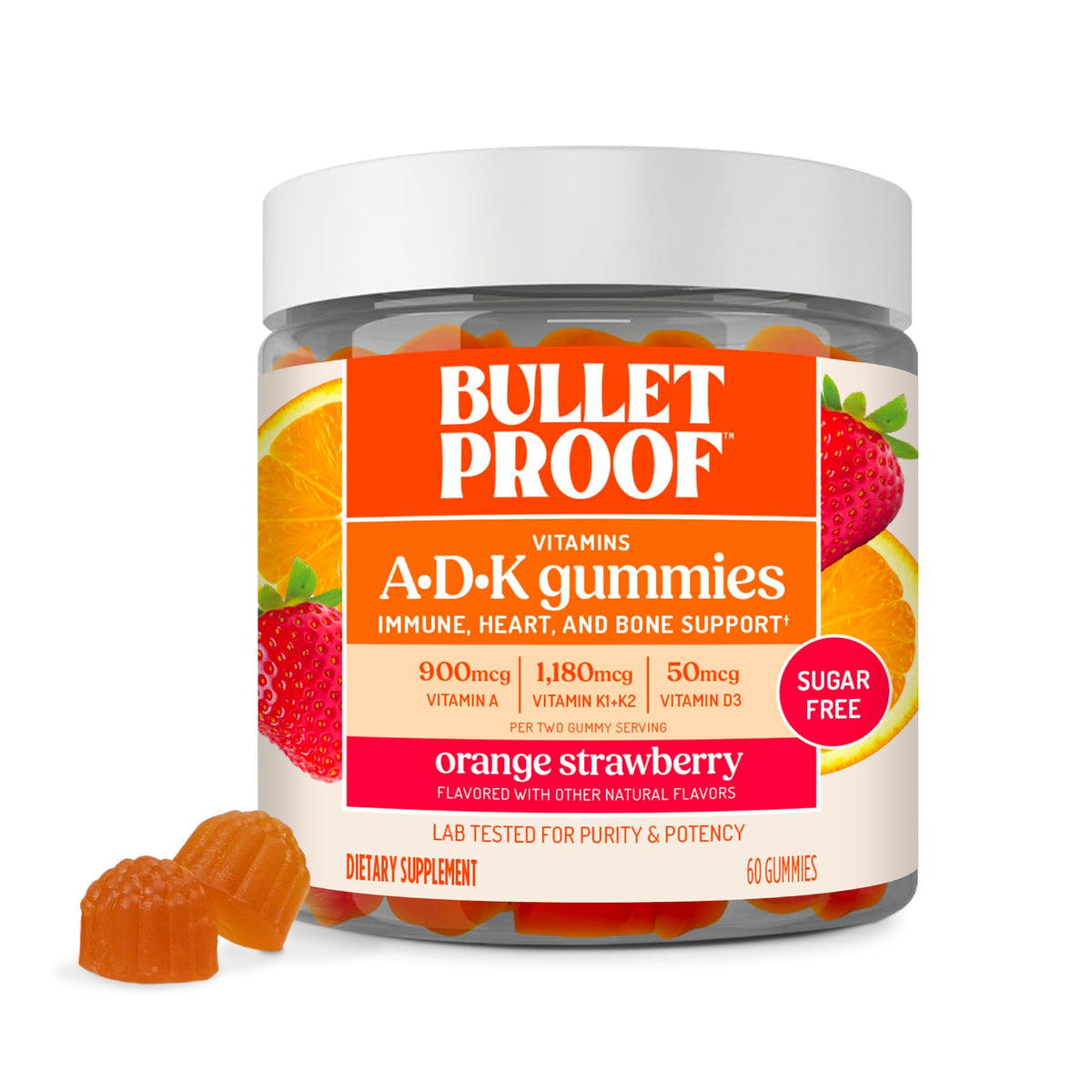 Bulletproof tarro frontal de gominolas A+D+K sin azúcar mostrando etiqueta