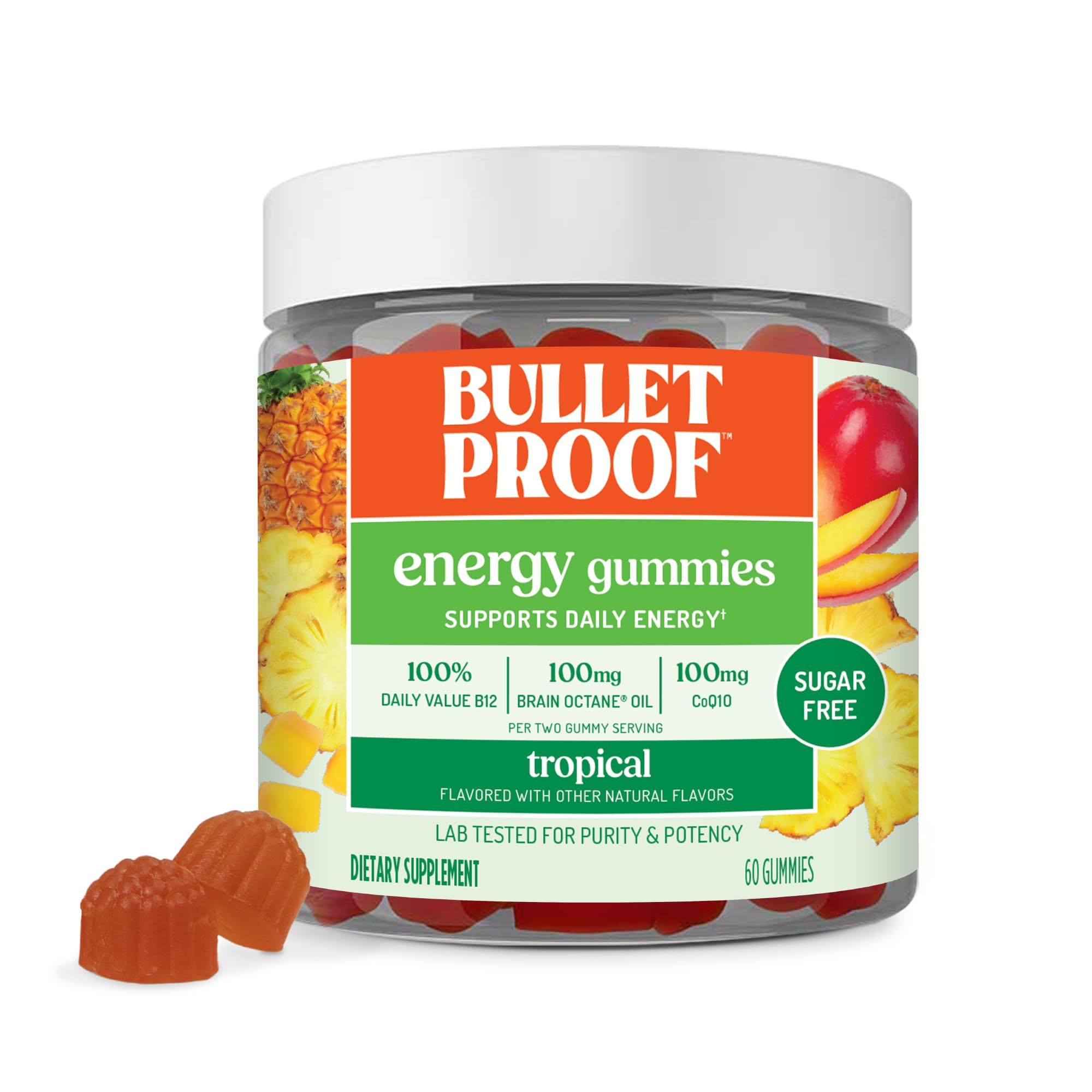 Bulletproof envase frontal de Gomitas Tropical Energy sin azúcar, fácil integración diaria