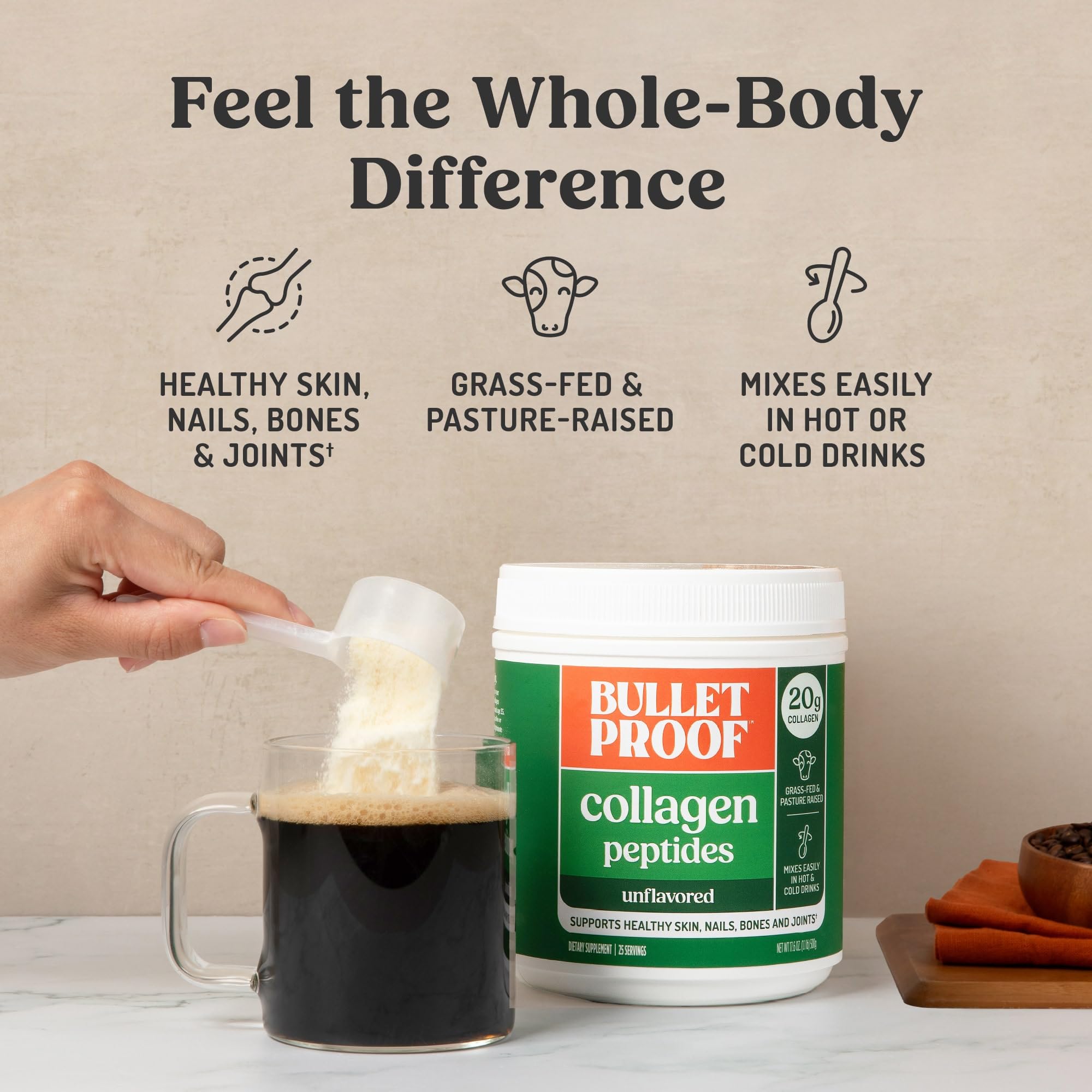 Bulletproof mezclado en café caliente, añade proteína sin alterar sabor